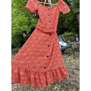 Monteau Womens S Red w/ White Lightweight Floral Dress Tie Back Button Front EUC